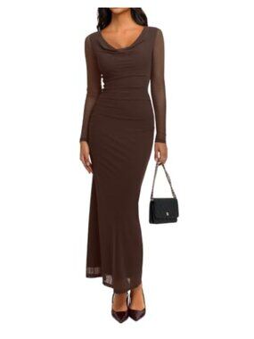 Women's Long Sleeve Cowl Neck Maxi Dress Mesh Slim Fit Wedding Guest